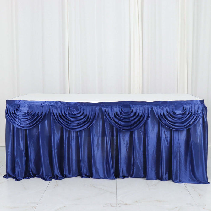 Navy blue satin table skirt with elegant draping folds