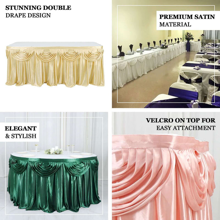 Elegant satin table drapes in various colors with double drape design.