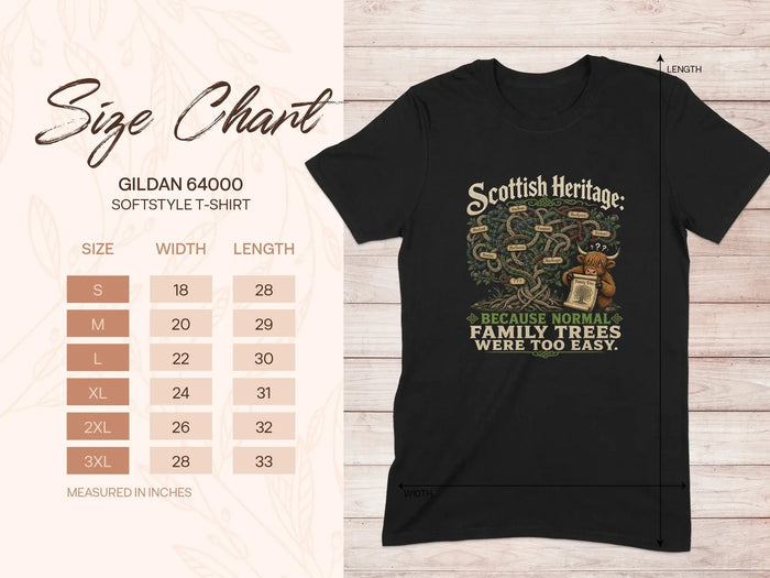 Gildan 64000 size chart and Scottish Heritage family tree t-shirt graphic.
