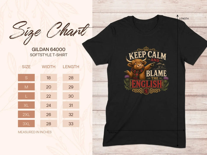 Gildan 64000 t-shirt size chart and "Keep Calm and Blame the English" graphic.