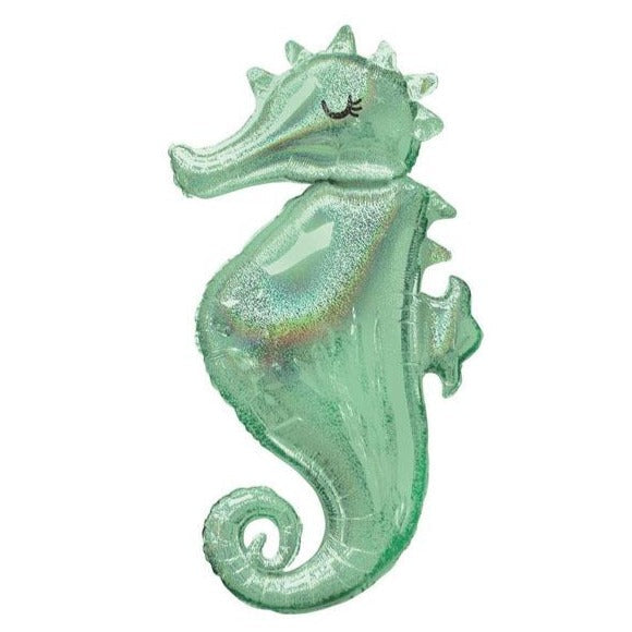 teal color holographic seahorse balloon