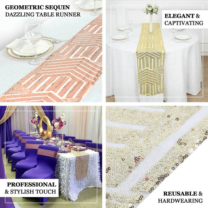 Geometric sequin table runner in elegant settings, showcasing style and versatility.