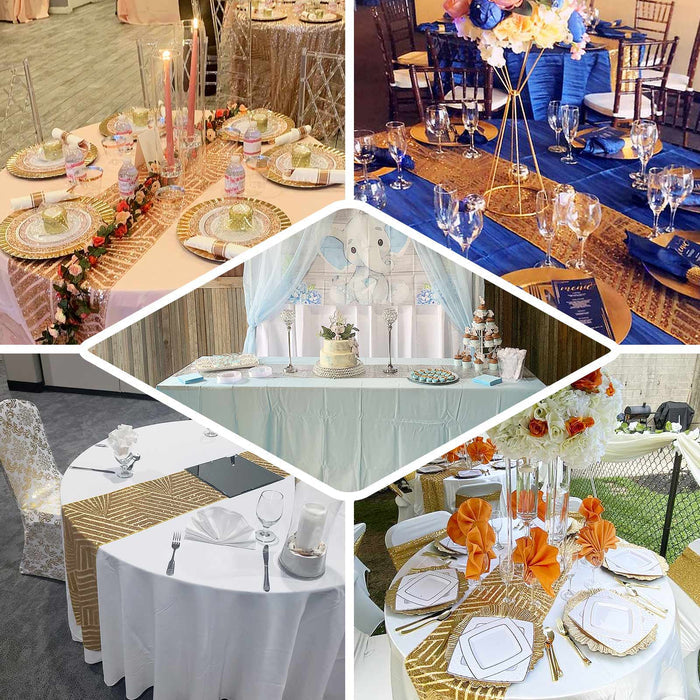Elegant table setups for events featuring various decorations and centerpieces.