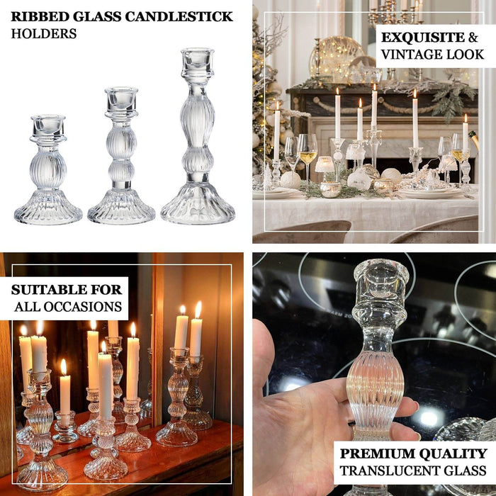 Ribbed glass candlestick holders, exquisite vintage look, suitable for all occasions.