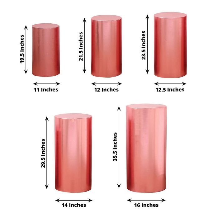 Rose gold pedestals in various sizes with dimensions indicated.