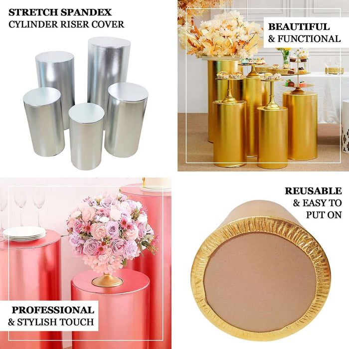 Colorful stretch spandex cylinder riser covers for events, reusable and stylish.