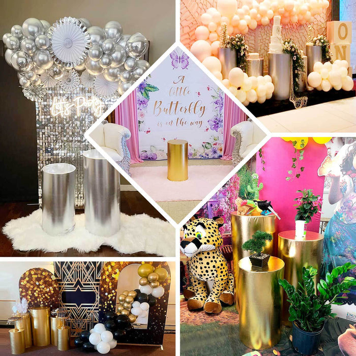 Decorative event setups with balloons and stylish backdrops in various colors and designs.