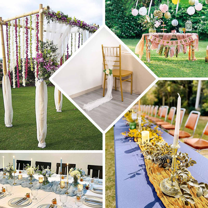 Decorative event setups featuring floral arrangements, tablescapes, and chair decor.