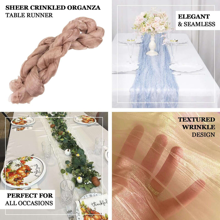 Sheer crinkled organza table runner in soft pink, perfect for all occasions.