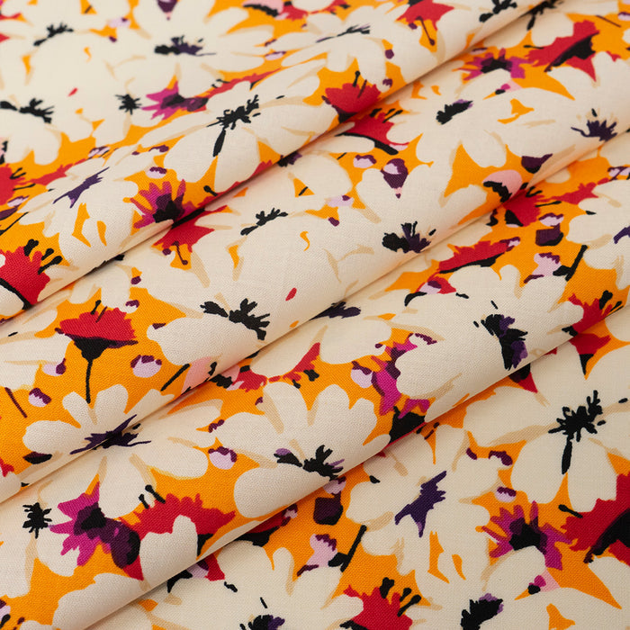 SINGER® Fabric, 100% Cotton, White Flowers On Orange, Cut by the Yard