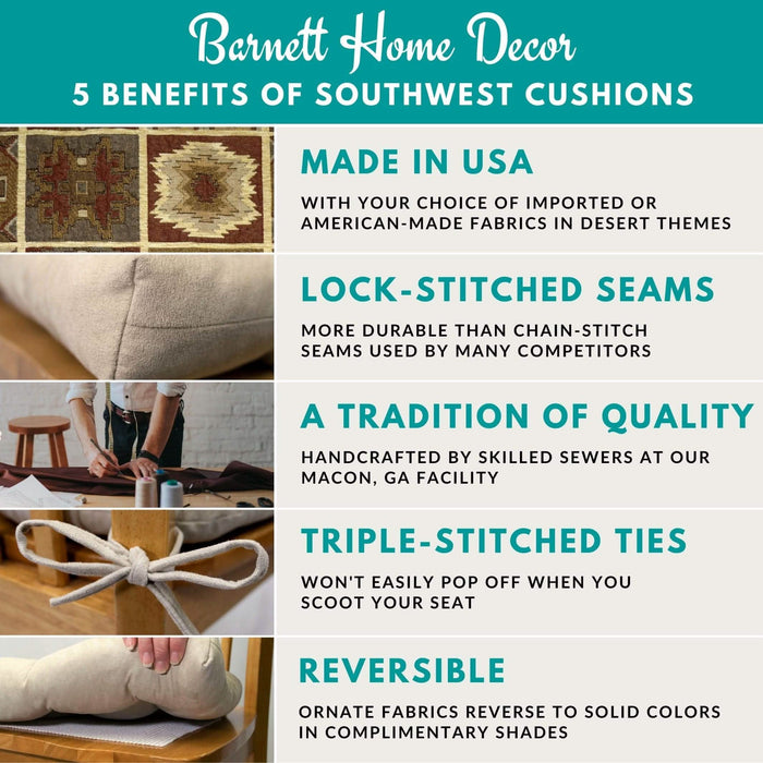 Infographic showing 5 key benefits of Southwest chair cushions including comfort, durability, style, easy care, and latex foam fill