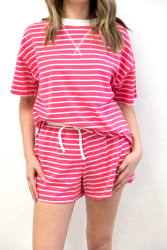 Striped Round Neck Tee Short Set Fuchsia