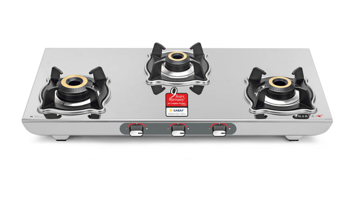 Sujata Majestic 3 burner stainless steel gas stove with SABAF valve and ISI certification