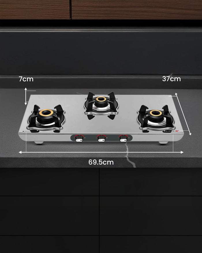 Sujata Majestic manual ignition gas stove 3 burners matt stainless steel body