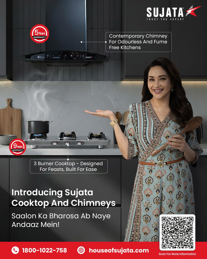 Sujata 3 burner gas stove with 5G forged brass burners and 9 year warranty