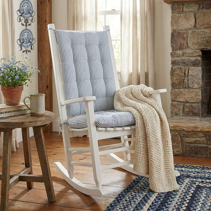 blue ticking stripe rocking chair cushions on white rocking chair
