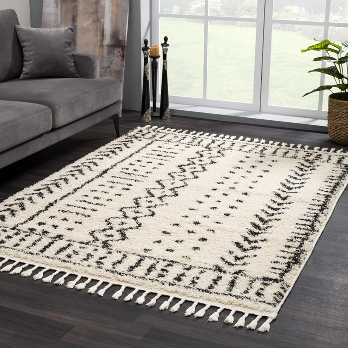 Traditional Beige and Charcoal Machine Woven Moroccan Multi size Tribal Trellis Plush Pile Turkish Rug - The Rug Decor