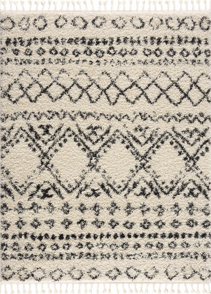 Traditional Design Beige and Charcoal Machine Woven Moroccan Tribal Trellis Rug - The Rug Decor