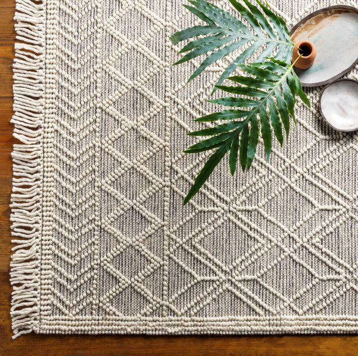 Transitional Hand Woven Ivory and Beige Tasseled Texture Wool Cotton Blended Rug - The Rug Decor