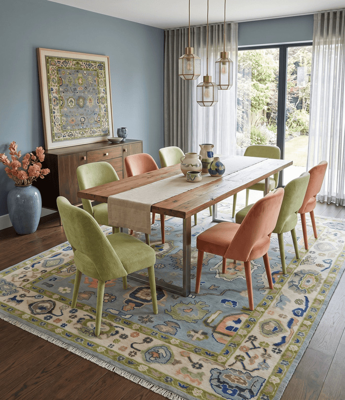Vibrant Colorful Silver, Green and Light Peach Hand knotted Oushak wool Area Rug - The Rug Decor