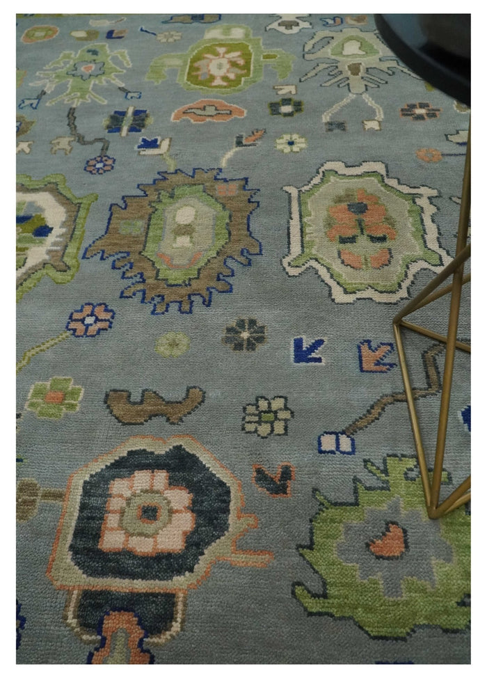 Vibrant Colorful Silver, Green and Light Peach Hand knotted Oushak wool Area Rug - The Rug Decor