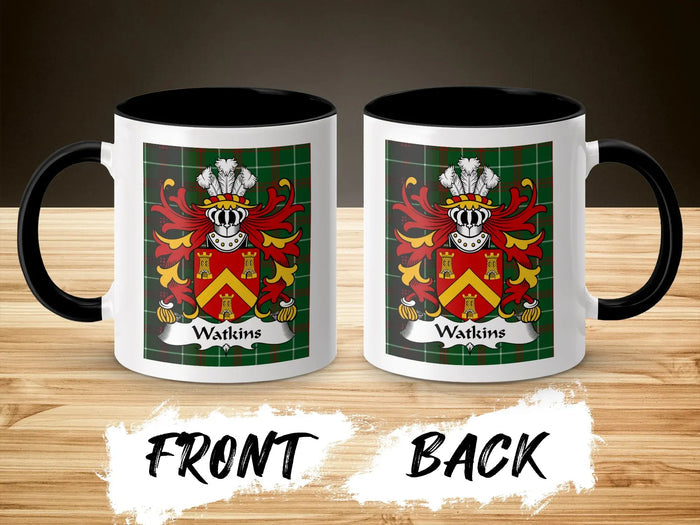 Front and back views of the black-accent Watkins mug, showing its two-sided surname design.