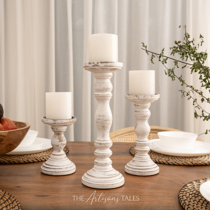 White Rustic Wooden Candle Holders - Set of 3 - 6", 9", 12"